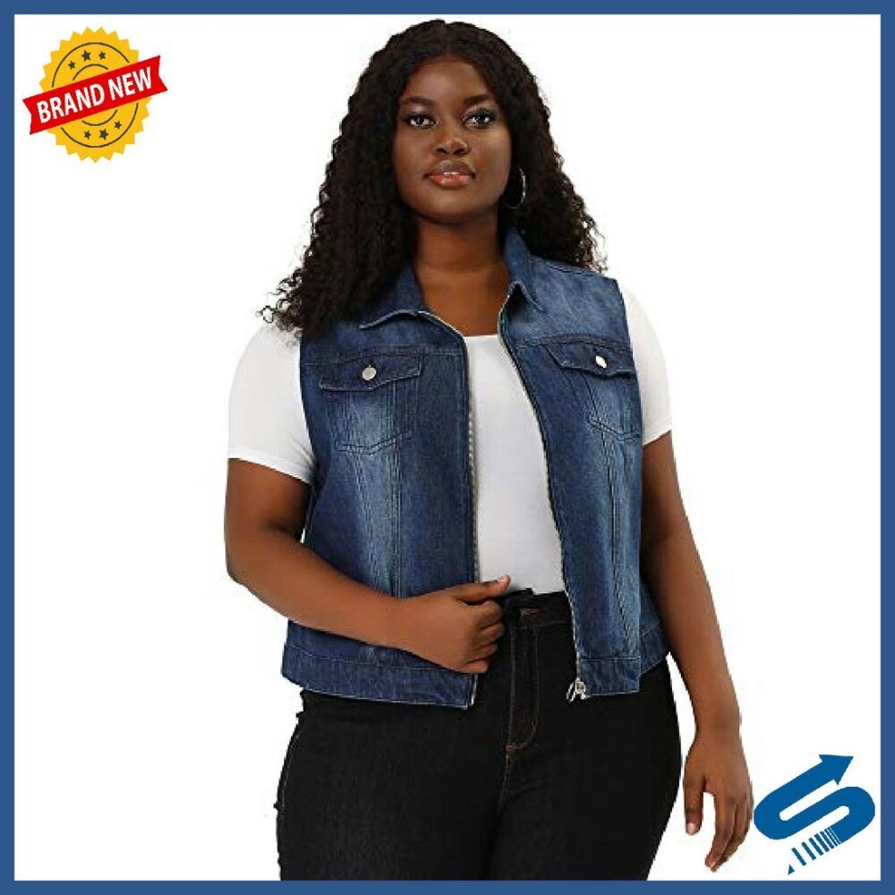 Plus Size Denim Vest Sleeveless Zip Up Button Down Waistcoat - Picture 4 of 6